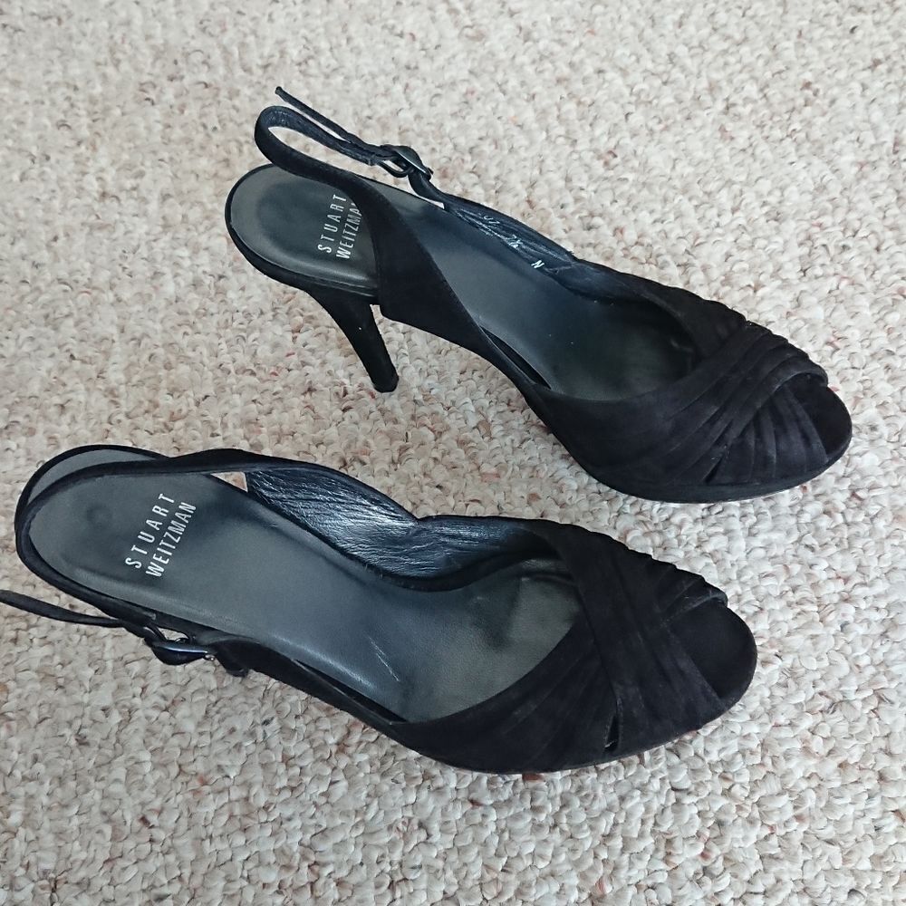 Stuart Weitzman Suede Peep Toe Pleated Slingback Pumps black size 7.5N / 7